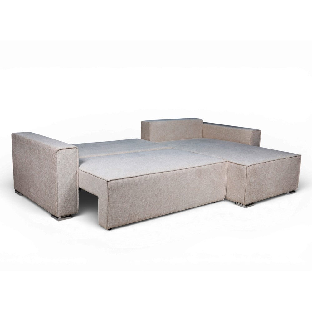 Divano angolare Emily con funzione letto easy open con contenitore e penisola reversibile cuscini decorativi in Neve 13 tortora