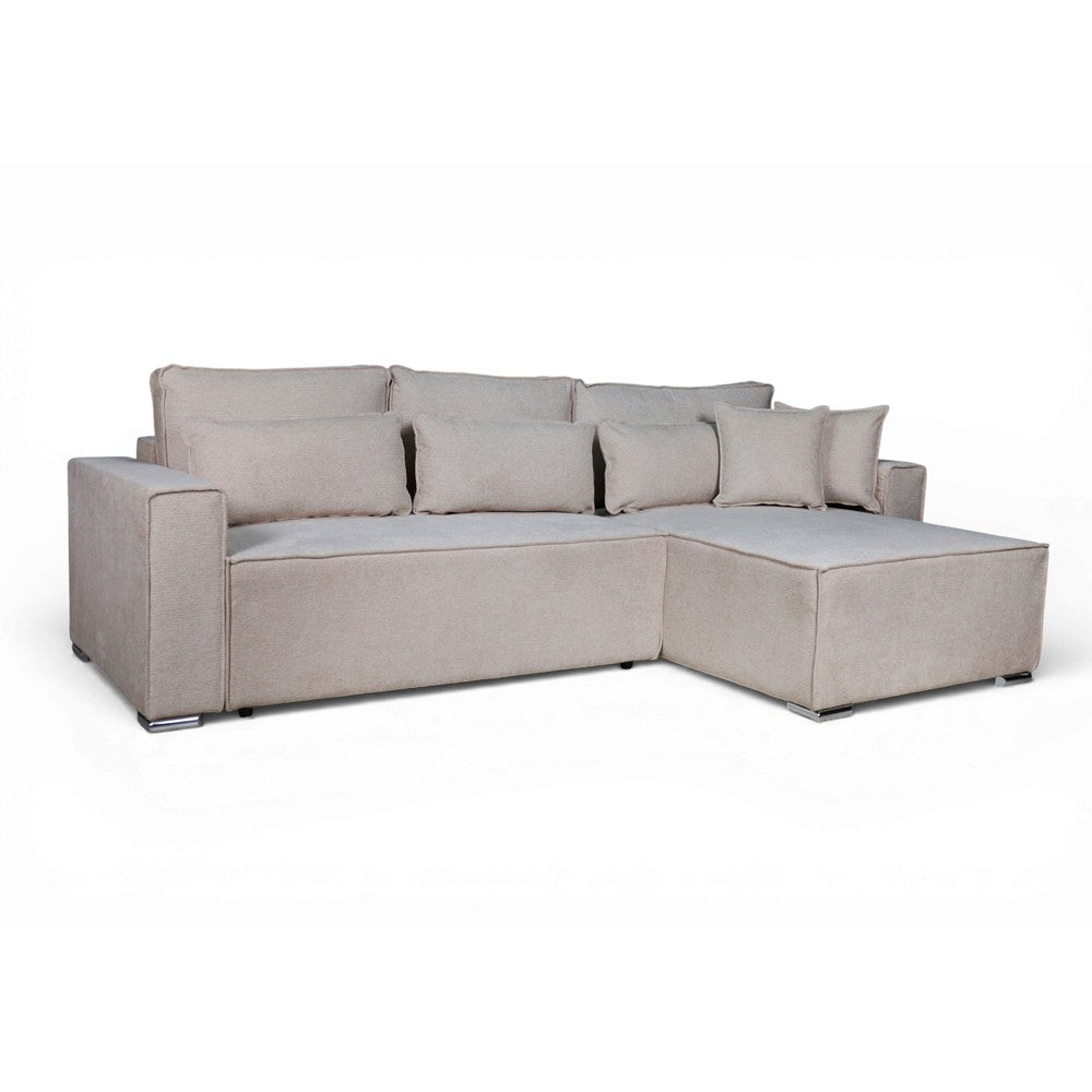 Divano angolare Emily con funzione letto easy open con contenitore e penisola reversibile cuscini decorativi in Neve 13 tortora