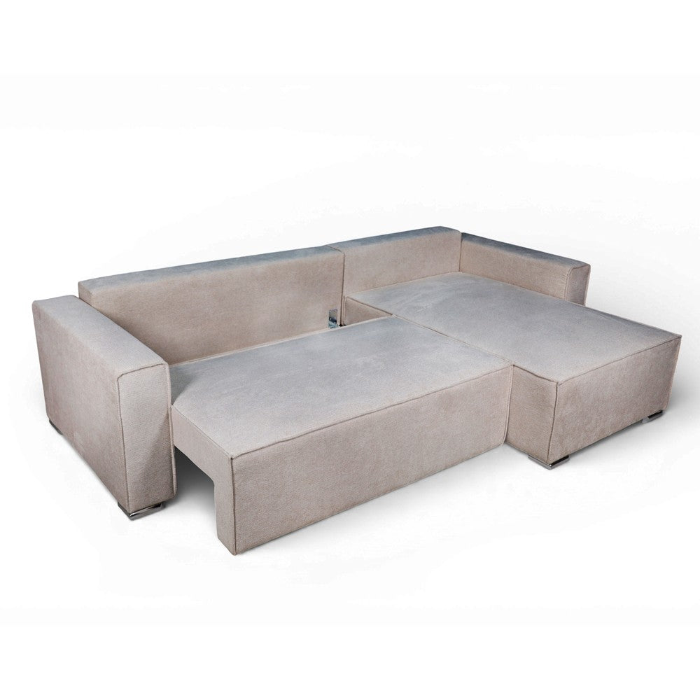 Divano angolare Emily con funzione letto easy open con contenitore e penisola reversibile cuscini decorativi in Neve 13 tortora