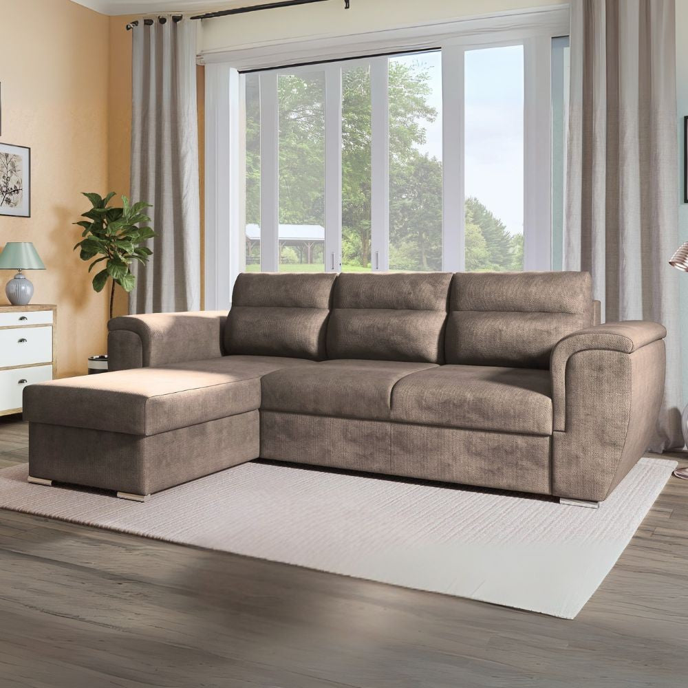 Divano angolare Kendall II con letto estraibile e penisola contenitore reversibile in tessuto Giulia 9703 cappuccino