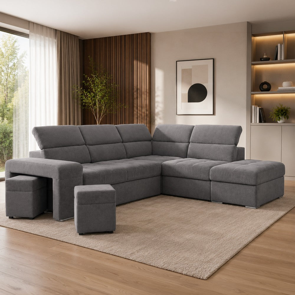 Divano angolare reversibile Positano con 5 poggiatesta regolabili e 2 pouf indipendenti in Barrel 90 grigio