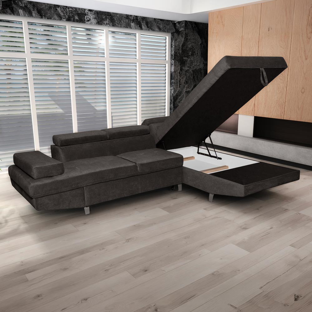Divano angolare Rio M con penisola contenitore destra e funzione letto estraibile in tessuto Giulia 9714 grigio scuro