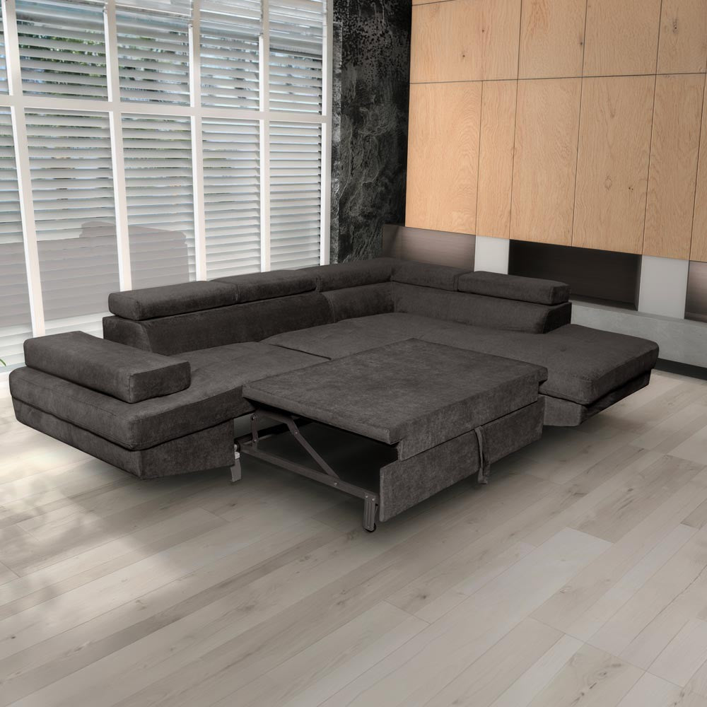 Divano angolare Rio M con penisola contenitore destra e funzione letto estraibile in tessuto Giulia 9714 grigio scuro