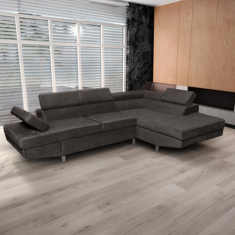 Divano angolare Rio M con penisola contenitore destra e funzione letto estraibile in tessuto Giulia 9714 grigio scuro