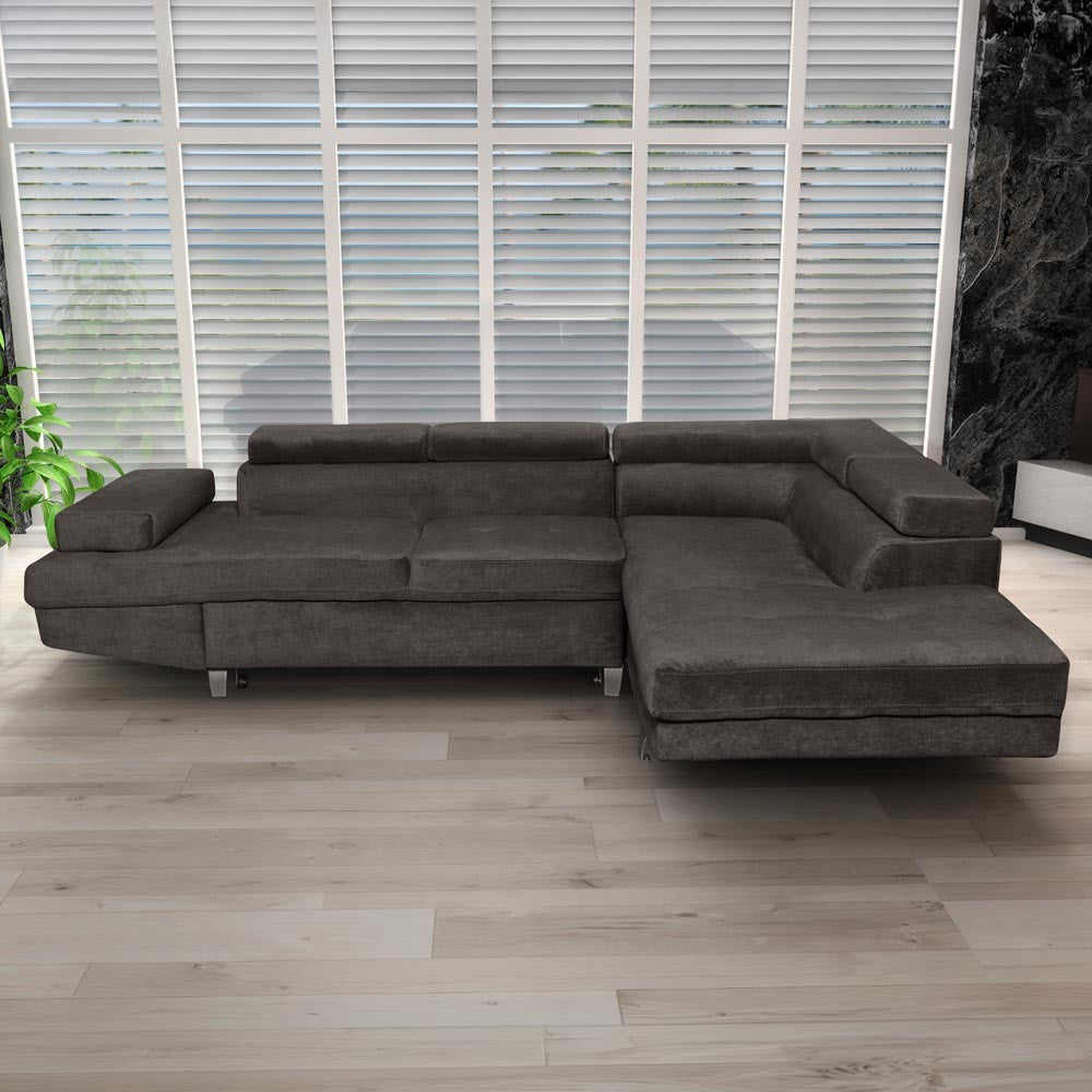 Divano angolare Rio M con penisola contenitore destra e funzione letto estraibile in tessuto Giulia 9714 grigio scuro