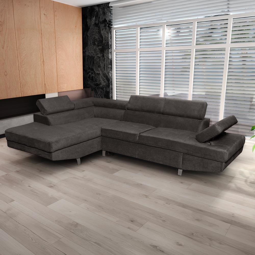Divano angolare Rio M con penisola contenitore sinistra e funzione letto estraibile in tessuto Giulia 9714 grigio scuro