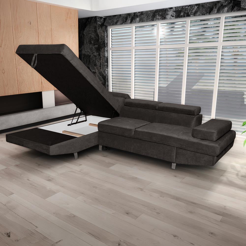 Divano angolare Rio M con penisola contenitore sinistra e funzione letto estraibile in tessuto Giulia 9714 grigio scuro