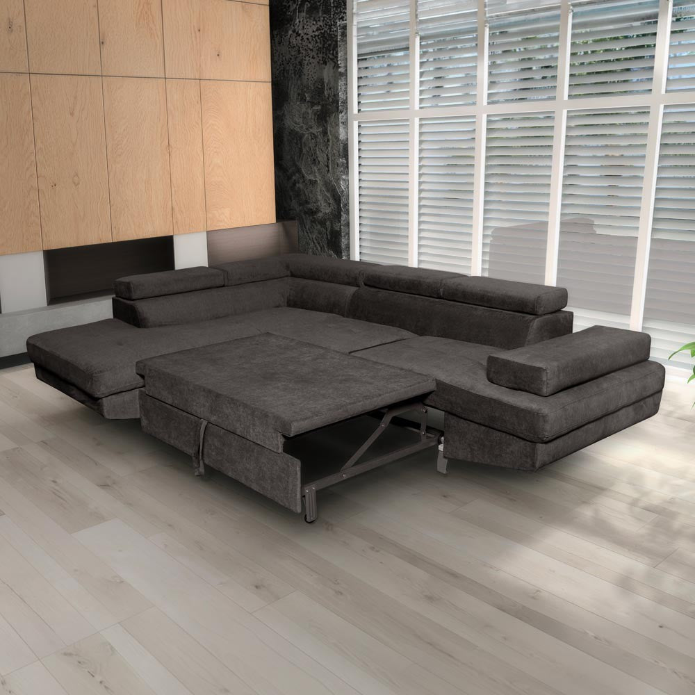 Divano angolare Rio M con penisola contenitore sinistra e funzione letto estraibile in tessuto Giulia 9714 grigio scuro