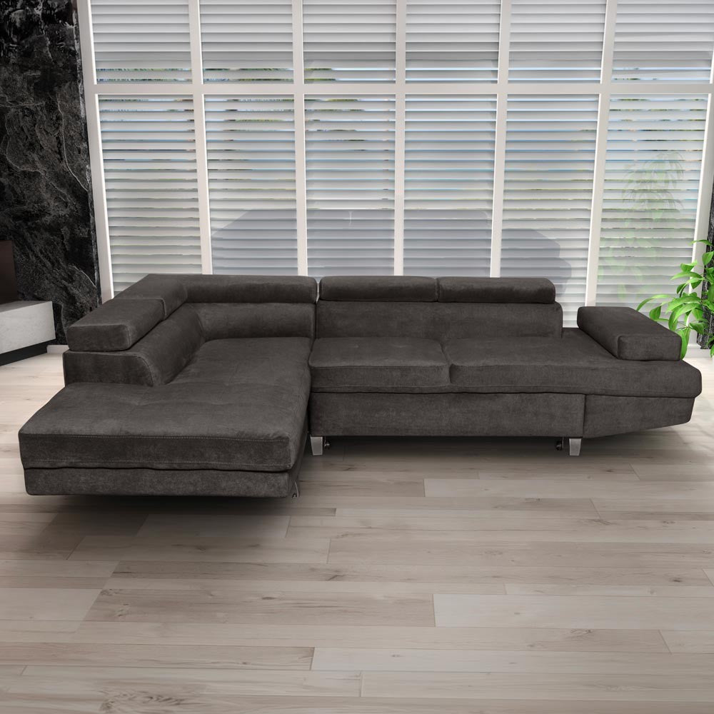 Divano angolare Rio M con penisola contenitore sinistra e funzione letto estraibile in tessuto Giulia 9714 grigio scuro
