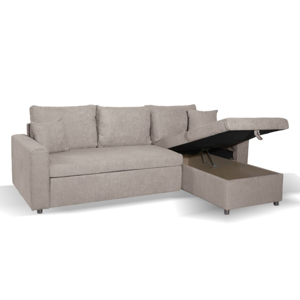 Divano con penisola contenitore reversibile Golf e letto estraibile in tessuto Enjoy03 tortora