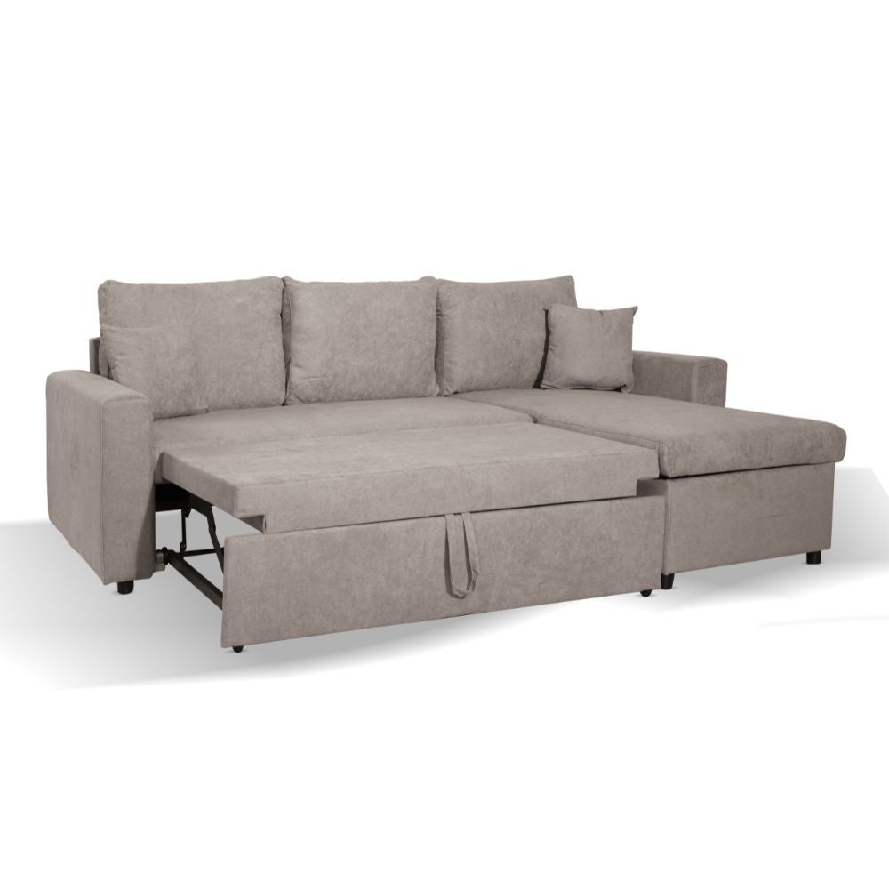 Divano con penisola contenitore reversibile Golf e letto estraibile in tessuto Enjoy03 tortora