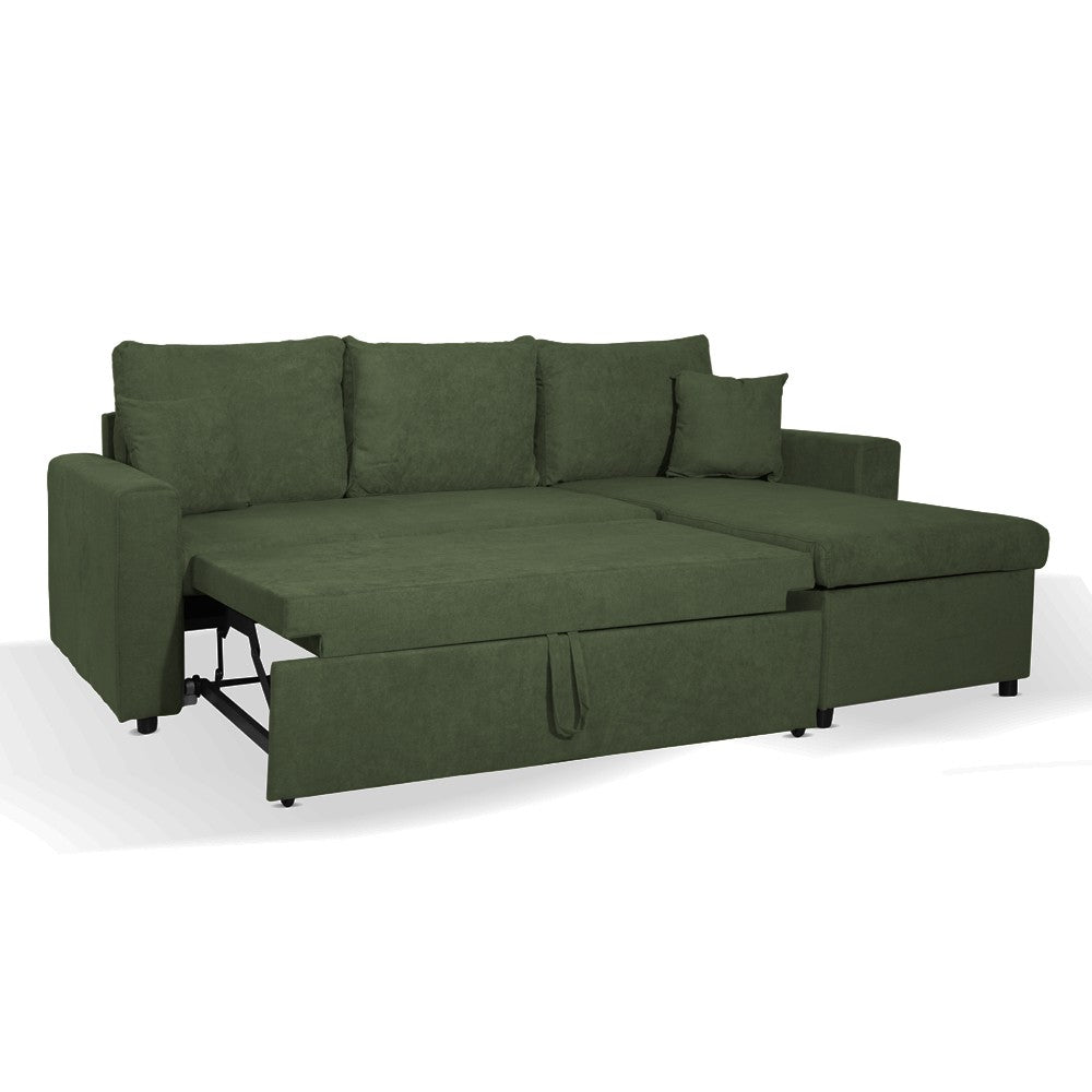 Divano con penisola contenitore reversibile Golf e letto estraibile in tessuto Verita 34 verde muschio