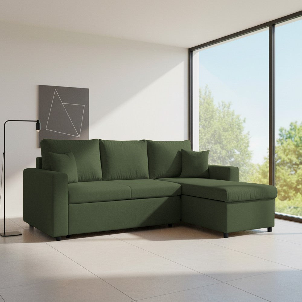 Divano con penisola contenitore reversibile Golf e letto estraibile in tessuto Verita 34 verde muschio