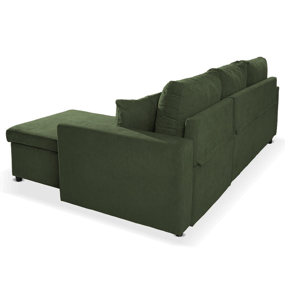 Divano con penisola contenitore reversibile Golf e letto estraibile in tessuto Verita 34 verde muschio