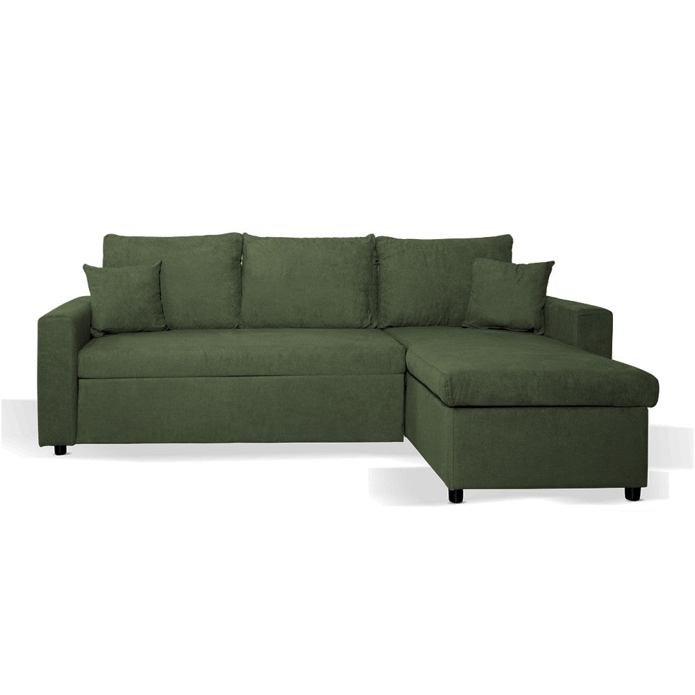 Divano con penisola contenitore reversibile Golf e letto estraibile in tessuto Verita 34 verde muschio