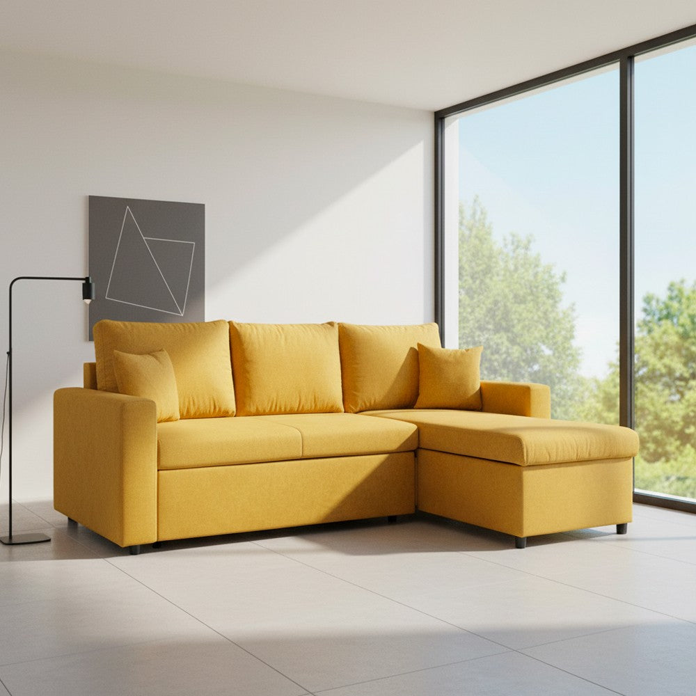 Divano con penisola contenitore reversibile Golf e letto estraibile in tessuto Verita 53 senape