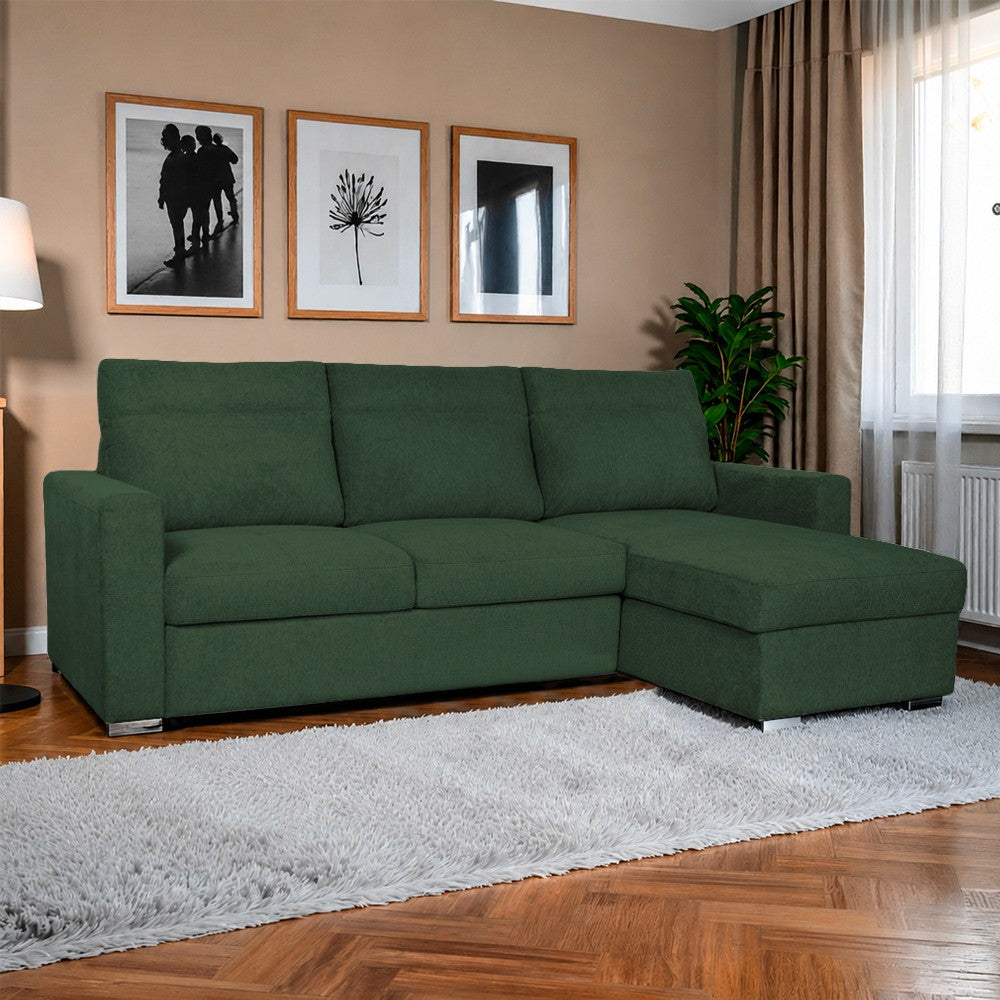 Divano con penisola Elba con letto estraibile e penisola contenitore reversibile in tessuto Neve 39 verde muschio