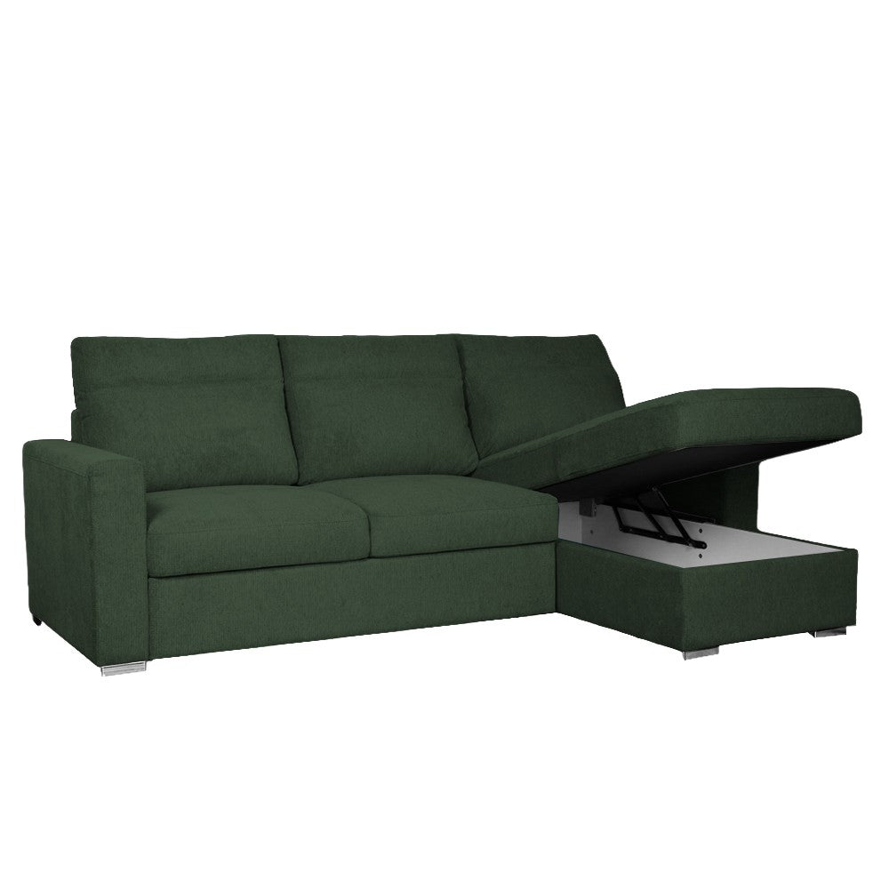 Divano con penisola Elba con letto estraibile e penisola contenitore reversibile in tessuto Neve 39 verde muschio