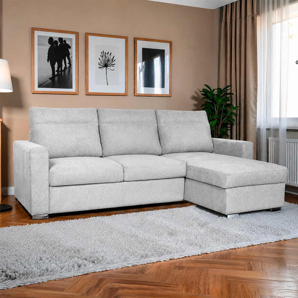 Divano con penisola Elba con letto estraibile e penisola contenitore reversibile in tessuto Neve 80 grigio chiaro