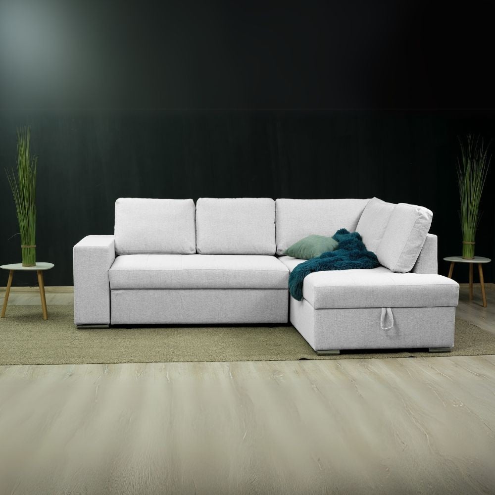Divano letto angolare Bali con penisola contenitore destra in tessuto Neve 80 light grey