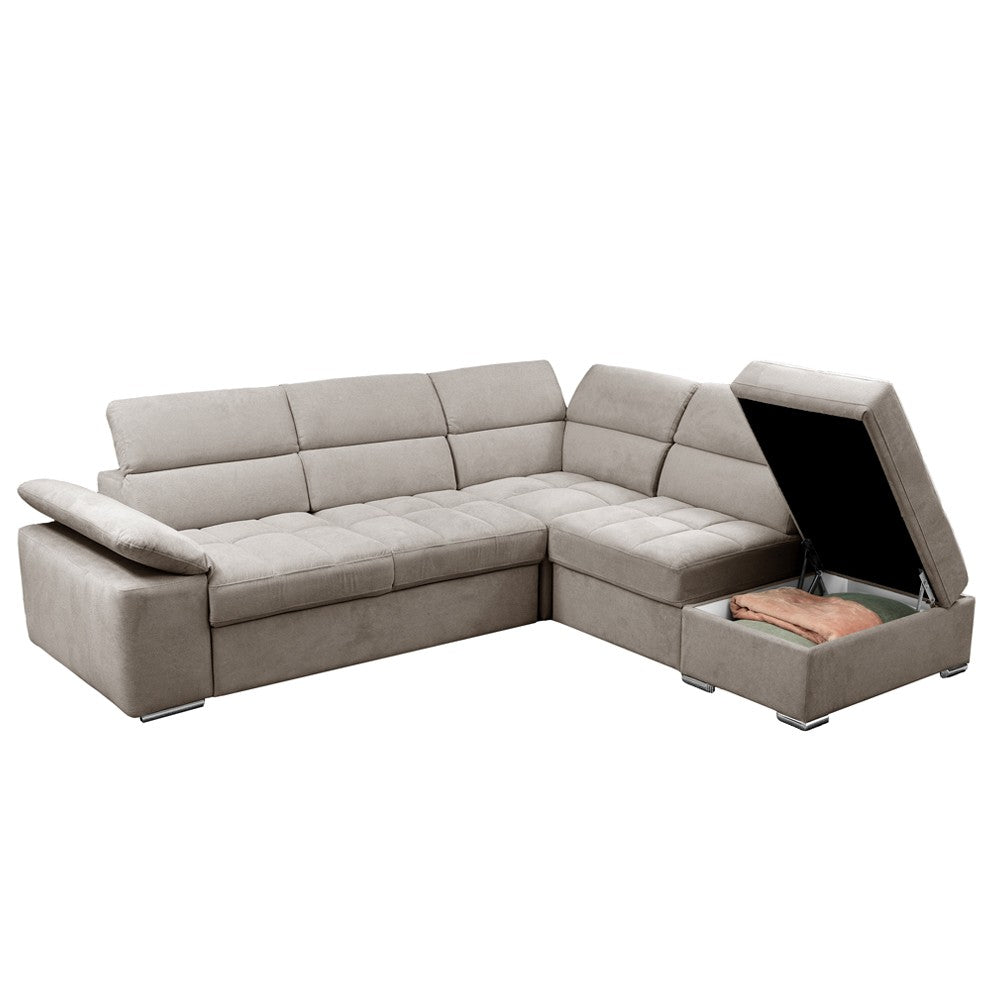 Divano letto angolare Capri reversibile con 5 poggiatesta regolabili e pouf indipendente in Aragon 20 tortora