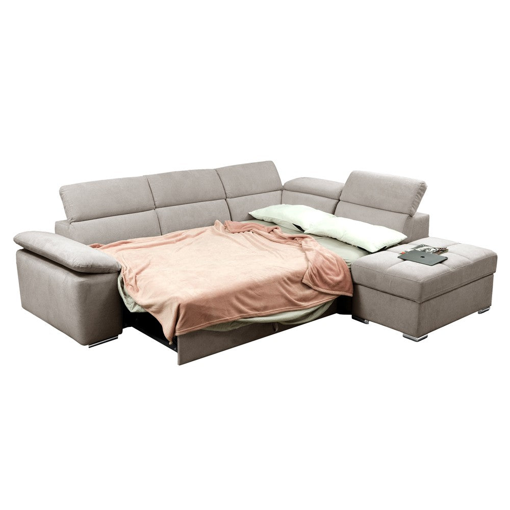 Divano letto angolare Capri reversibile con 5 poggiatesta regolabili e pouf indipendente in Aragon 20 tortora