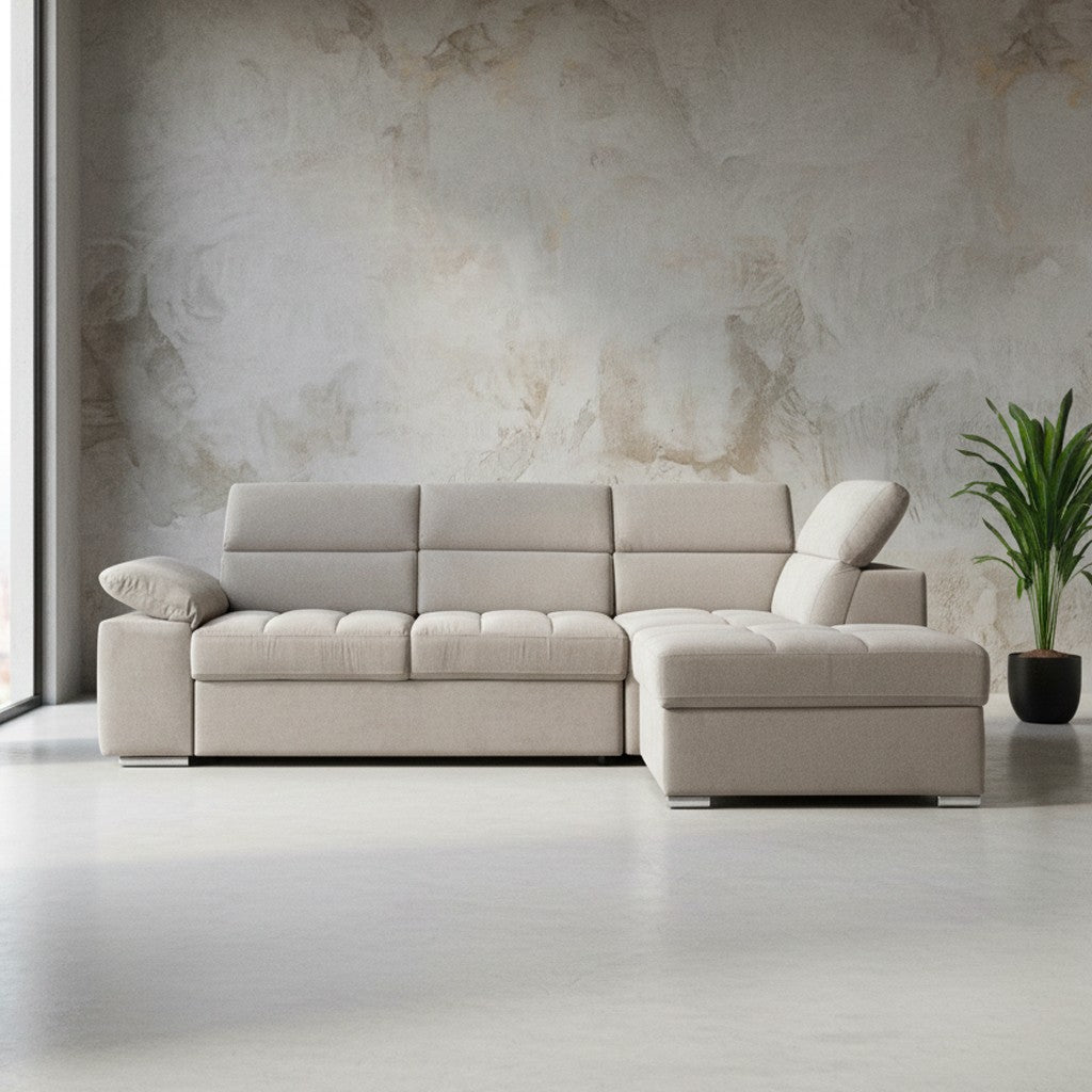 Divano letto angolare Capri reversibile con 5 poggiatesta regolabili e pouf indipendente in Aragon 20 tortora