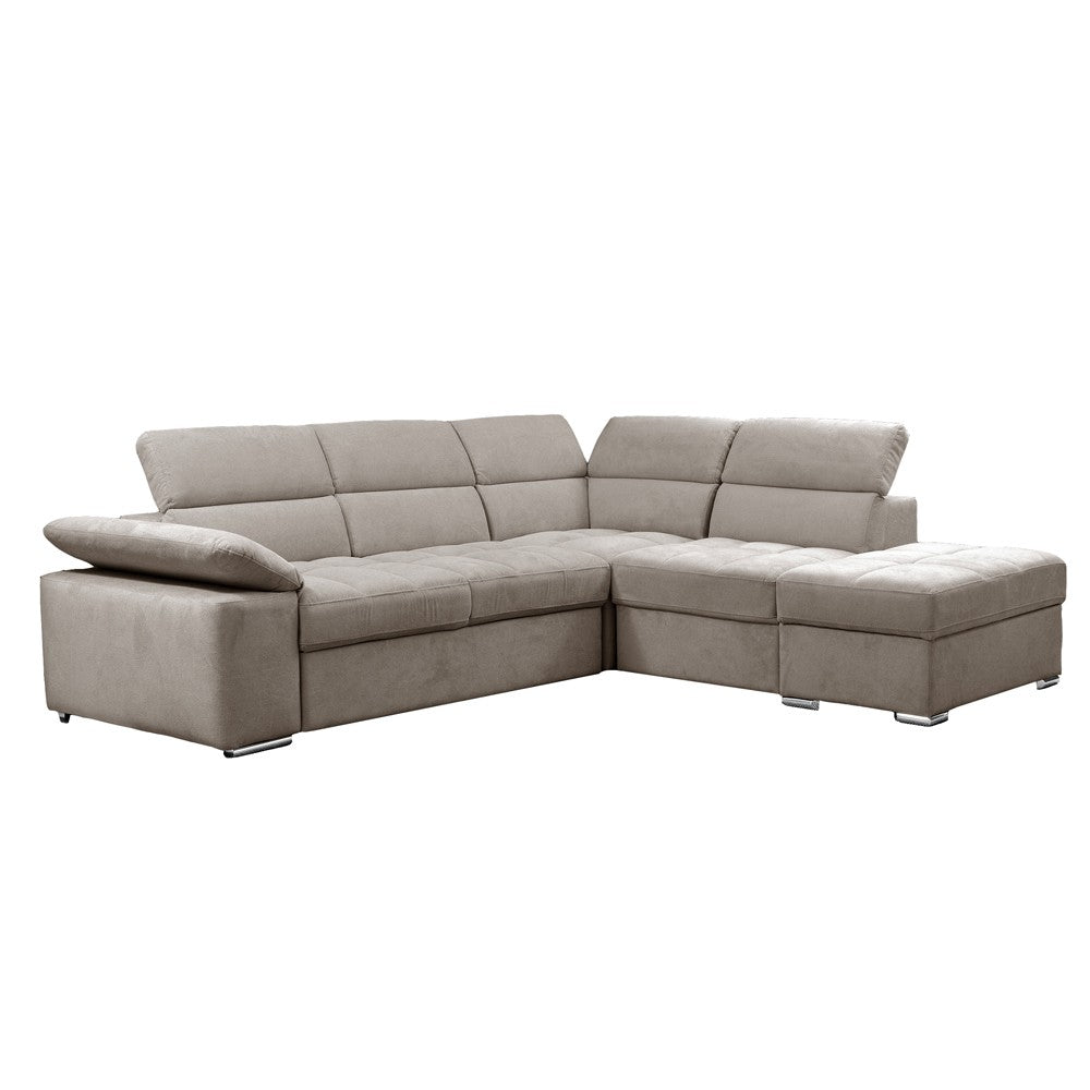 Divano letto angolare Capri reversibile con 5 poggiatesta regolabili e pouf indipendente in Aragon 20 tortora