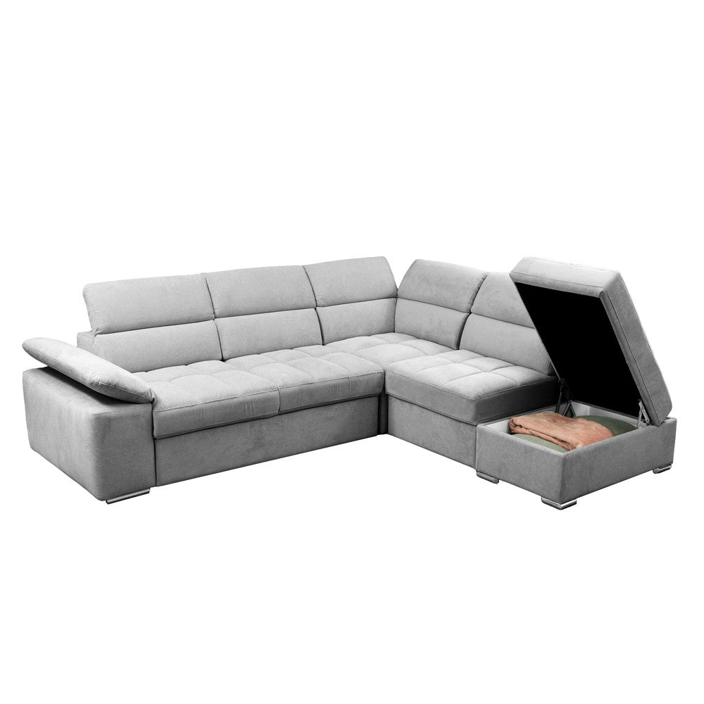 Divano letto angolare Capri reversibile con 5 poggiatesta regolabili e pouf indipendente in Aragon 80 grigio chiaro