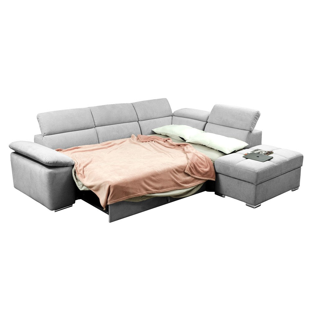 Divano letto angolare Capri reversibile con 5 poggiatesta regolabili e pouf indipendente in Aragon 80 grigio chiaro