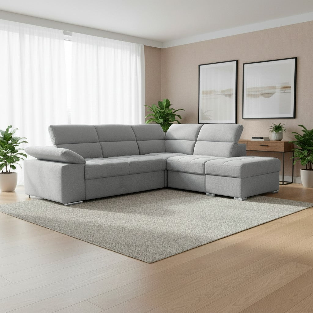 Divano letto angolare Capri reversibile con 5 poggiatesta regolabili e pouf indipendente in Aragon 80 grigio chiaro