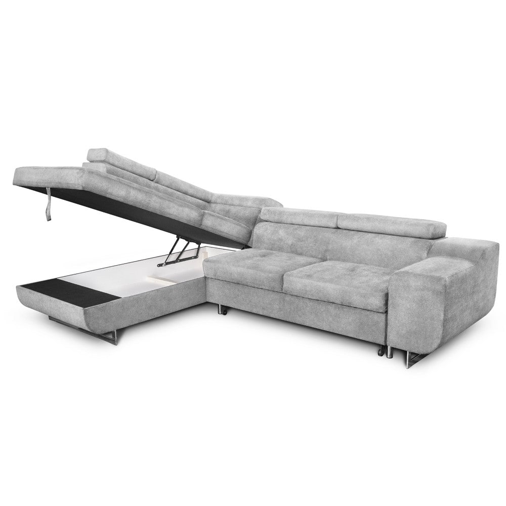 Divano letto angolare Casablanca con penisola contenitore sinistra in tessuto Aragon 80 grigio chiaro