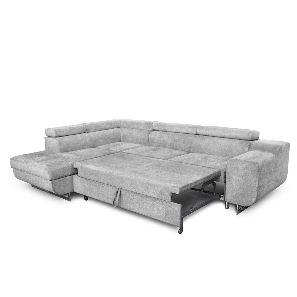 Divano letto angolare Casablanca con penisola contenitore sinistra in tessuto Aragon 80 grigio chiaro