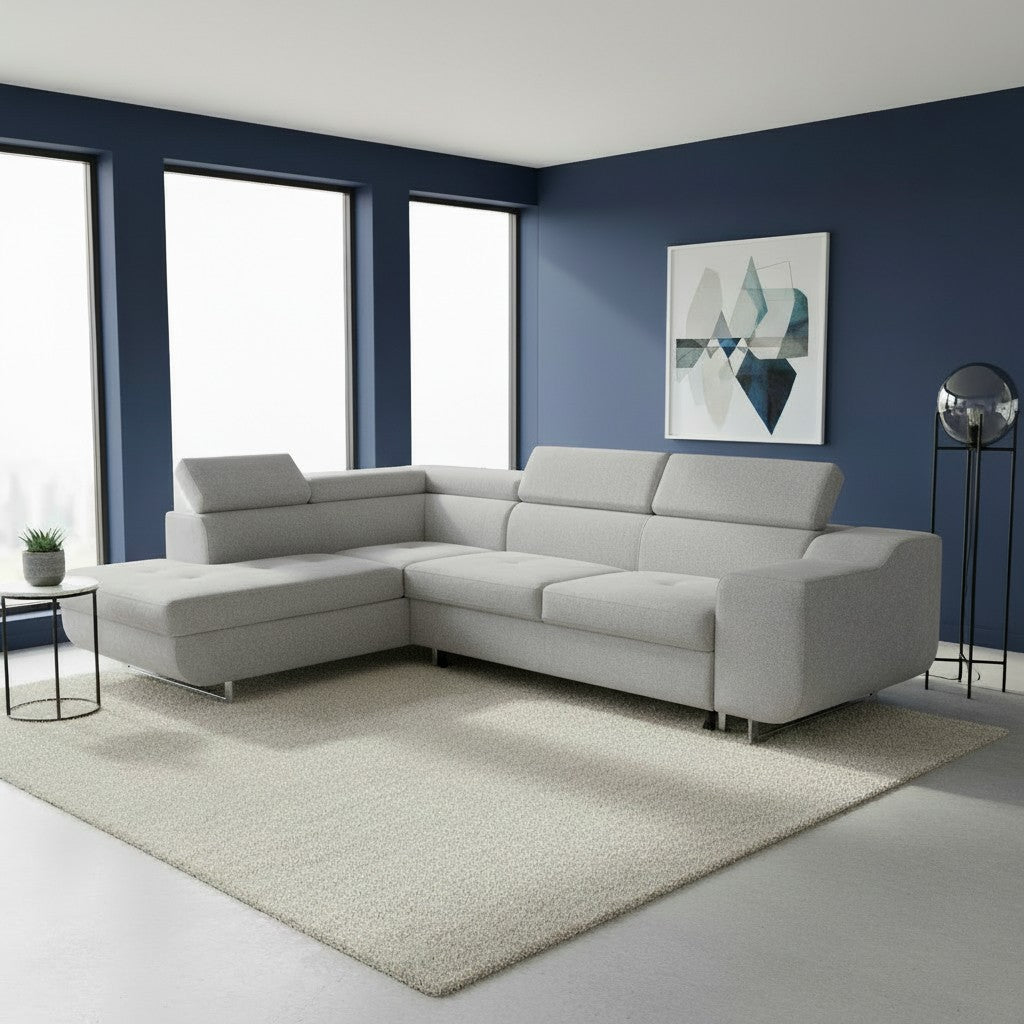 Divano letto angolare Casablanca con penisola contenitore sinistra in tessuto Aragon 80 grigio chiaro