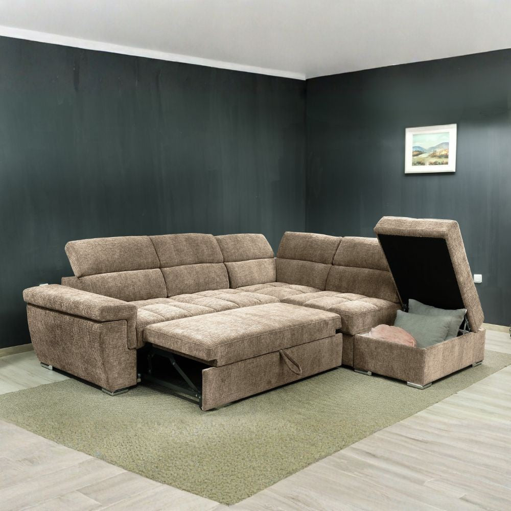 Divano letto angolare reversibile Amalfi con 5 poggiatesta regolabili e pouf indipendente in tessuto Giulia 9703 cappuccino