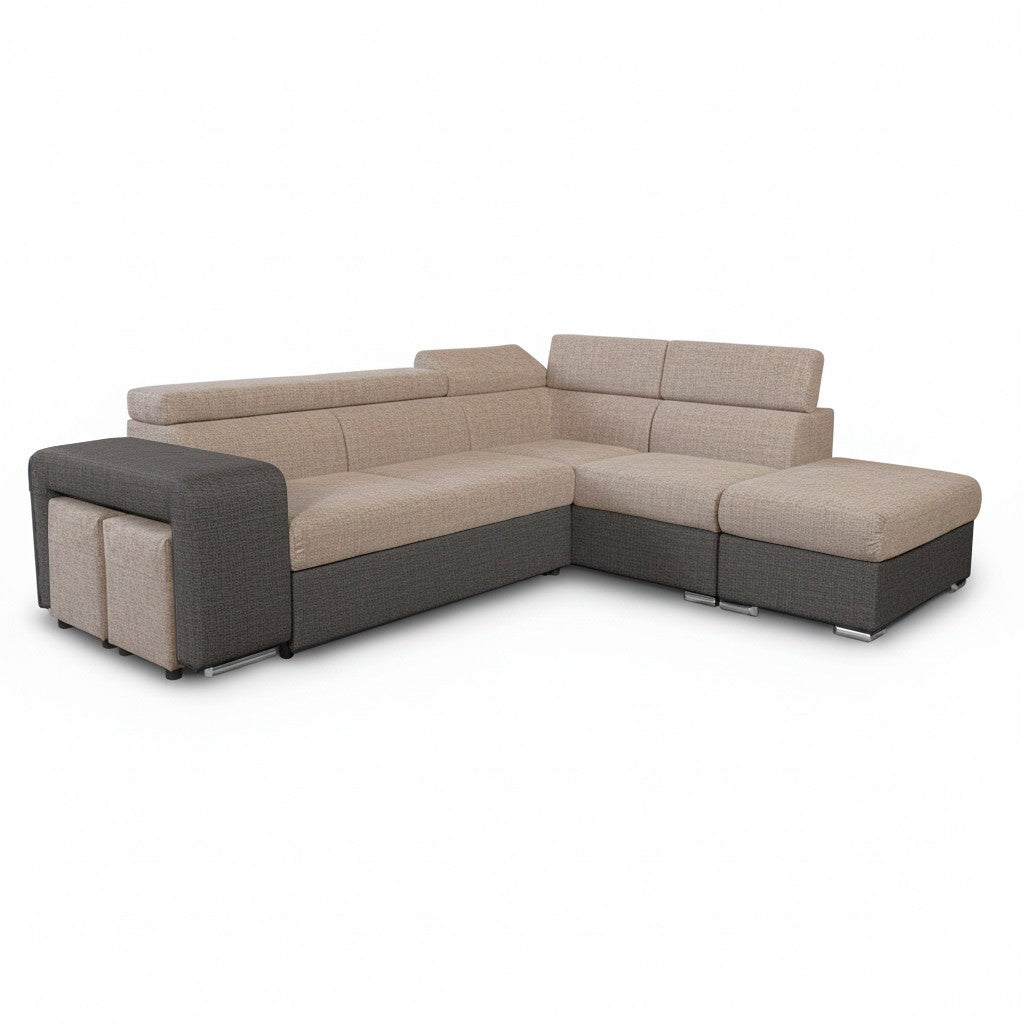 Divano letto angolare Sophie con penisola destra con pouf contenitore e 2 pouf estraibili in Aragon 20 e Aragon 97