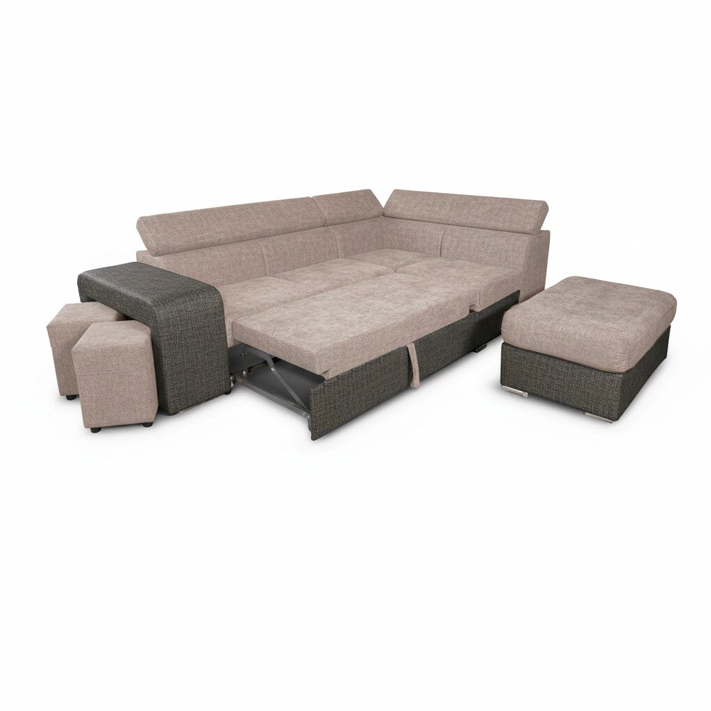 Divano letto angolare Sophie con penisola destra con pouf contenitore e 2 pouf estraibili in Aragon 20 e Aragon 97