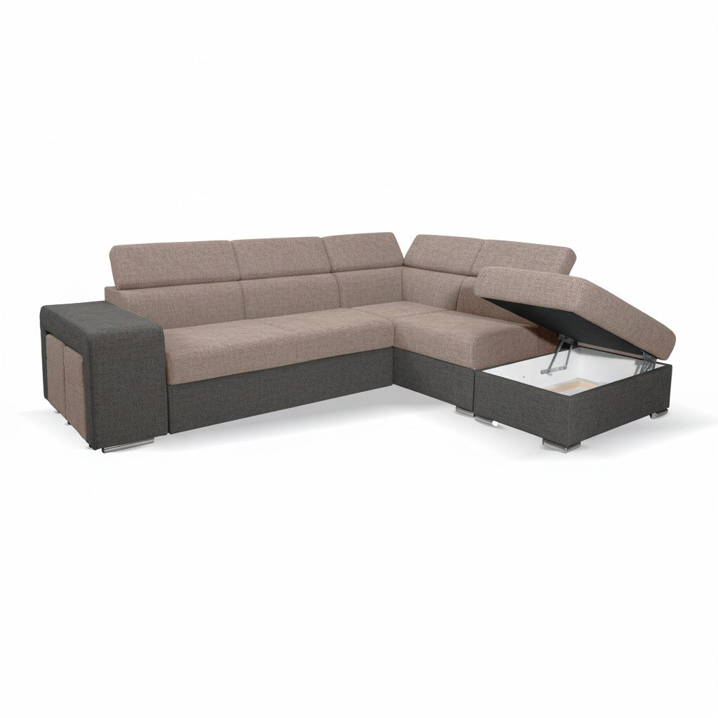 Divano letto angolare Sophie con penisola destra con pouf contenitore e 2 pouf estraibili in Aragon 20 e Aragon 97