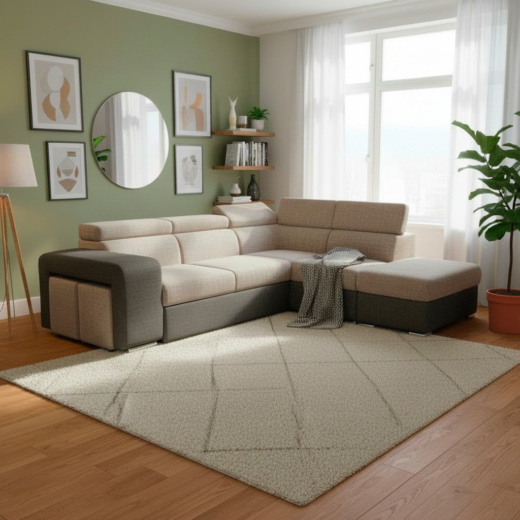 Divano letto angolare Sophie con penisola destra con pouf contenitore e 2 pouf estraibili in Aragon 20 e Aragon 97