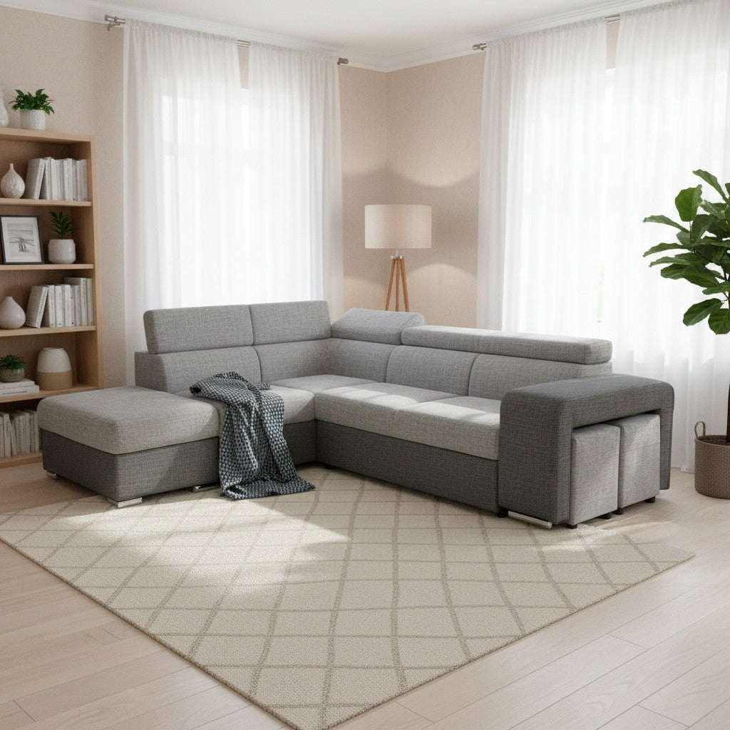 Divano letto angolare Sophie con penisola sinistra con pouf contenitore e 2 pouf estraibili in Giulia 9713 e Giulia 9712