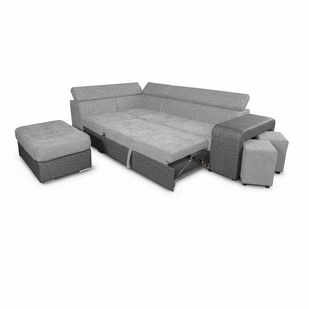Divano letto angolare Sophie con penisola sinistra con pouf contenitore e 2 pouf estraibili in Giulia 9713 e Giulia 9712