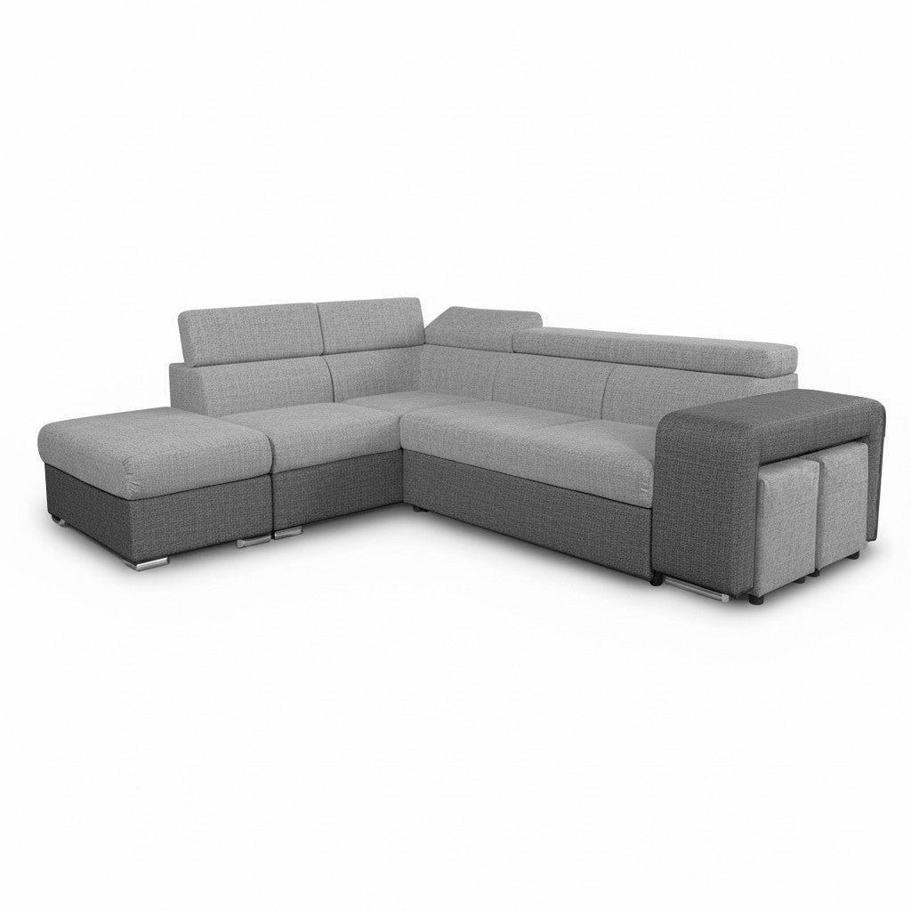 Divano letto angolare Sophie con penisola sinistra con pouf contenitore e 2 pouf estraibili in Giulia 9713 e Giulia 9712