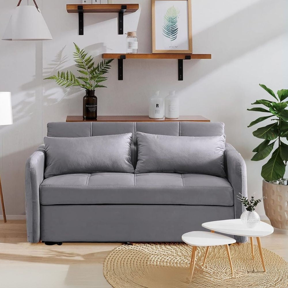 Divano letto Clorene in velluto grigio con tasche e presa USB laterale