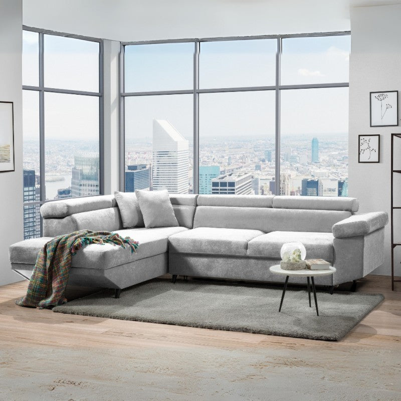 Divano letto Denver con penisola contenitore sinistra in Ronda 80 grigio chiaro