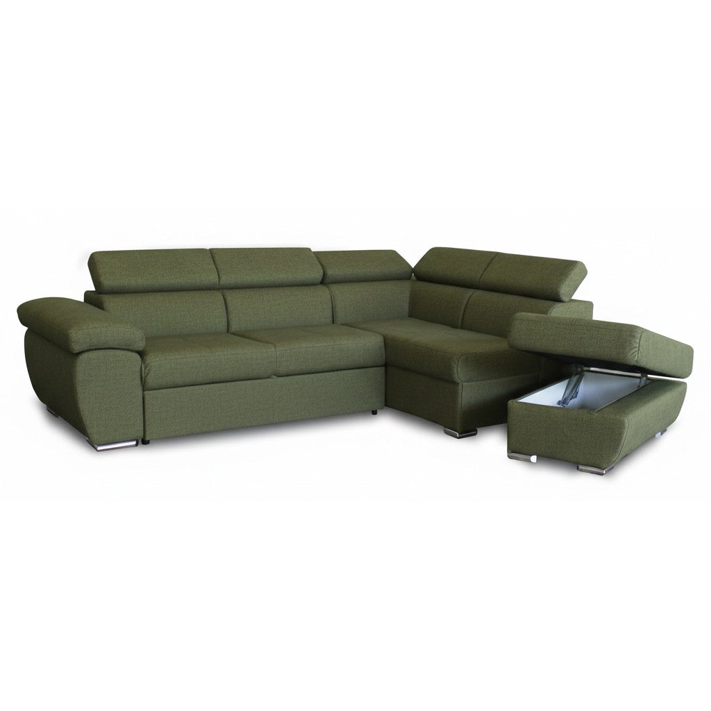 Divano letto Fiona angolare con penisola destra e pouf contenitore in tessuto Aragon 39 verde oliva