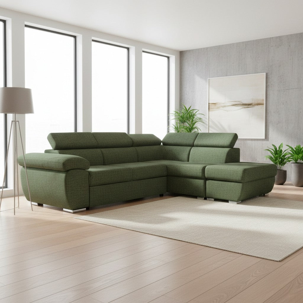 Divano letto Fiona angolare con penisola destra e pouf contenitore in tessuto Aragon 39 verde oliva