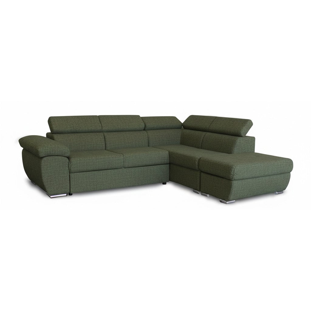 Divano letto Fiona angolare con penisola destra e pouf contenitore in tessuto Aragon 39 verde oliva
