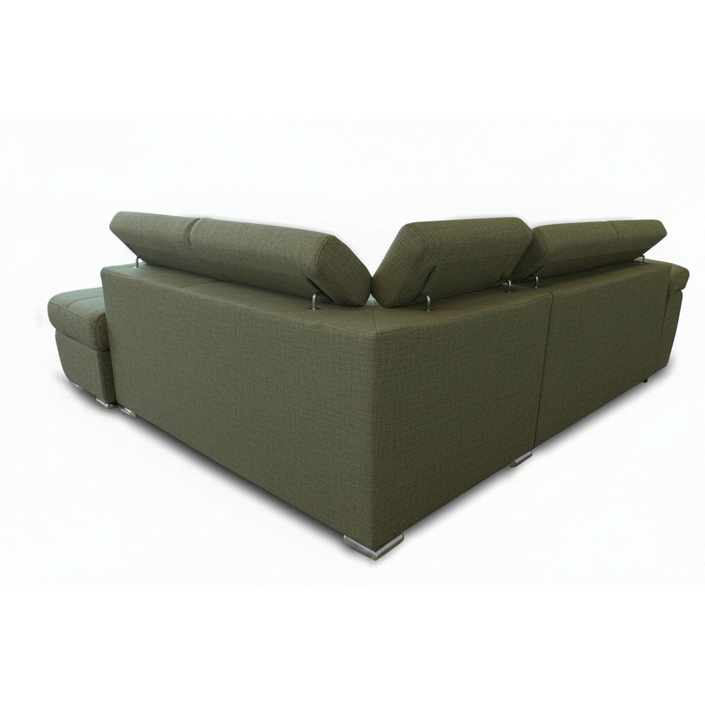 Divano letto Fiona angolare con penisola destra e pouf contenitore in tessuto Aragon 39 verde oliva
