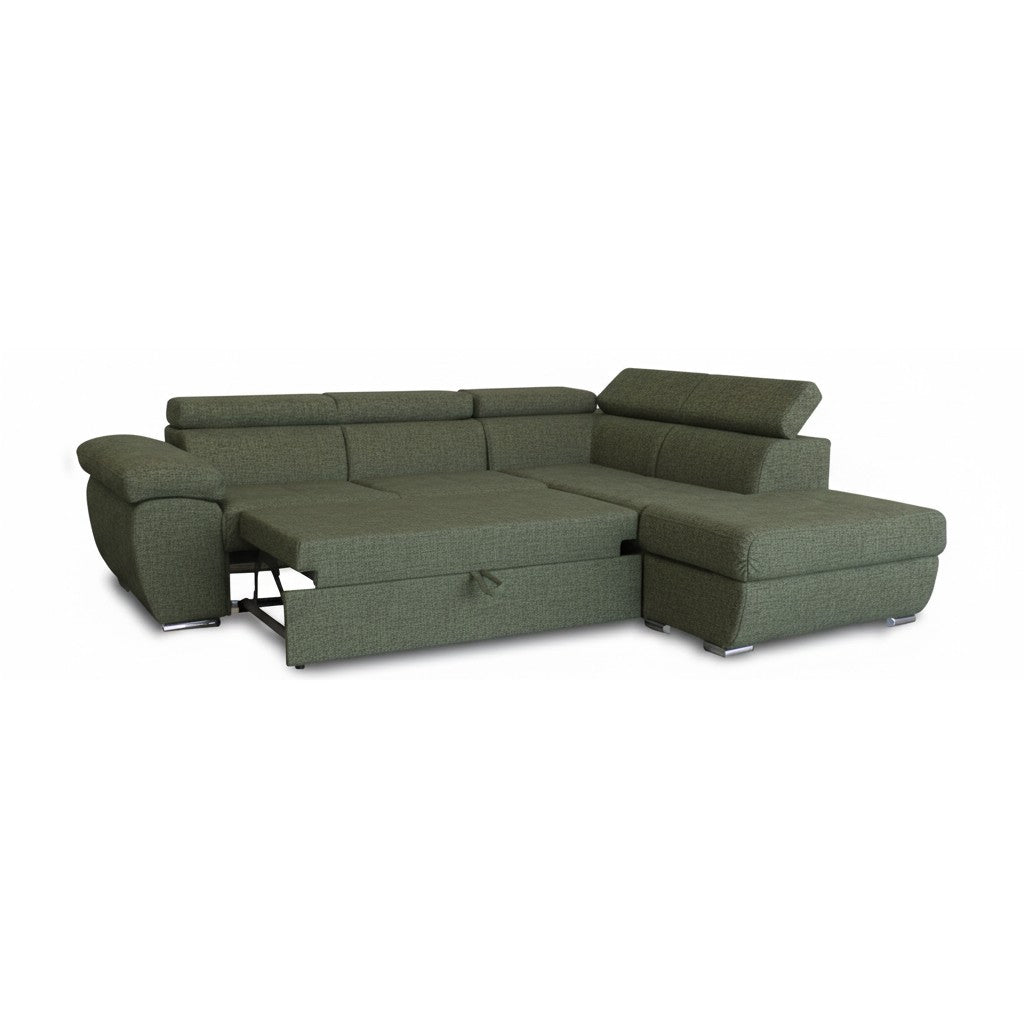 Divano letto Fiona angolare con penisola destra e pouf contenitore in tessuto Aragon 39 verde oliva