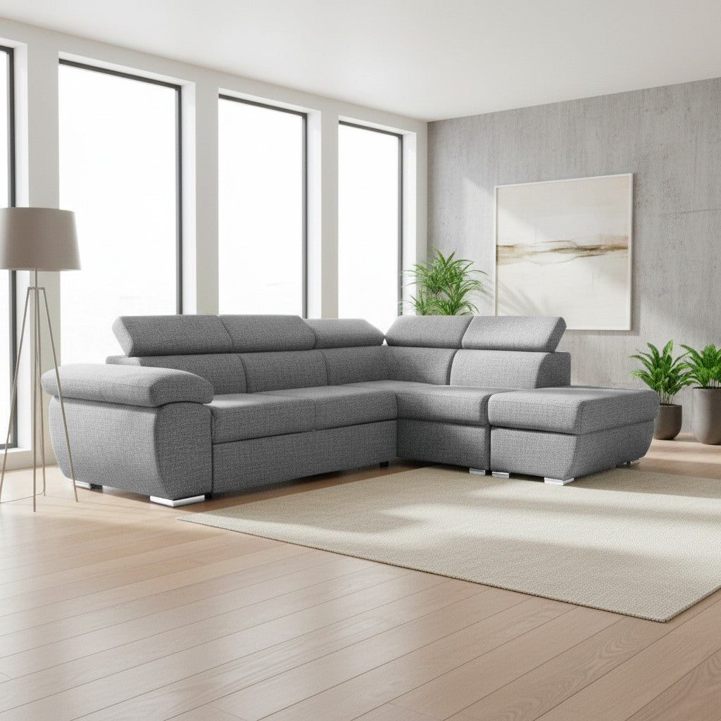 Divano letto Fiona angolare con penisola destra e pouf contenitore in tessuto Aragon 83 grigio